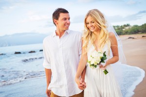 Bride and Groom Walking on Beautiful Tropical Beach at Sunset, R