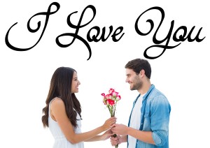 Happy hipster giving his girlfriend roses against i love you
