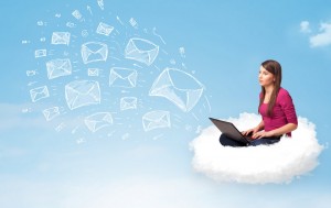 Pretty young woman sitting in cloud with laptop, sketched mails concept