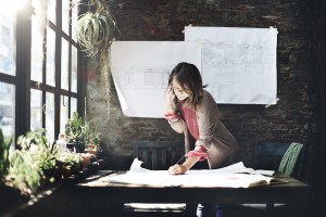 Architecture Woman Working Blue Print Workspace Concept