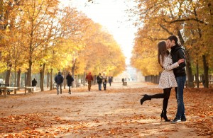 Young Beautiful Couple In The Luxembourg Garden At Fall. Paris,